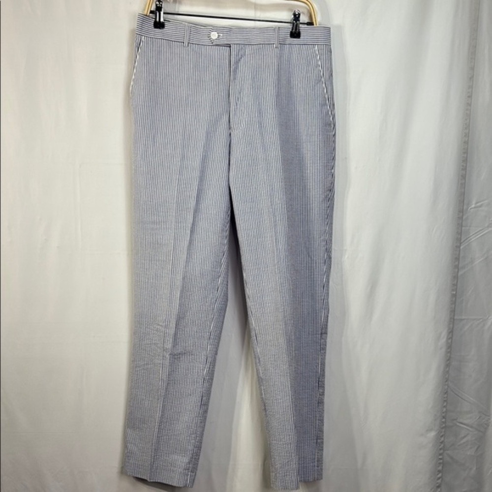 🏕️ Alan Flusser blue and white Seersucker flat front Dress Pants Straight-Leg: